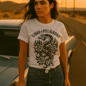 camiseta libre y peligrosa – serpiente y rosas | tormenta