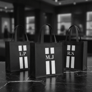 Bolso ICONIC MAYOR de yute negro personalizado con diseño de Barras Verticales e iniciales estampadas a mano.