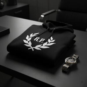 Sudadera negra de la Colección Laureada con corona de laurel bordada en el pecho. Corte ligeramente oversize, diseño minimalista y tejido premium.