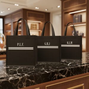 Bolso LINE FINE de yute negro personalizado con líneas horizontales finas estampadas a mano.