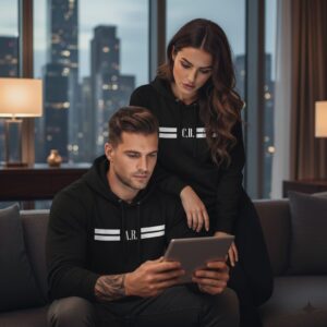 Dos sudaderas Brand Me negras personalizadas con iniciales diferentes, colección limitada para parejas de élite o equipos exitosos.