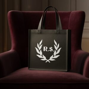 “Tote bag Majestic de yute negro con diseño Laureada personalizable para ropa negra elegante mujer”