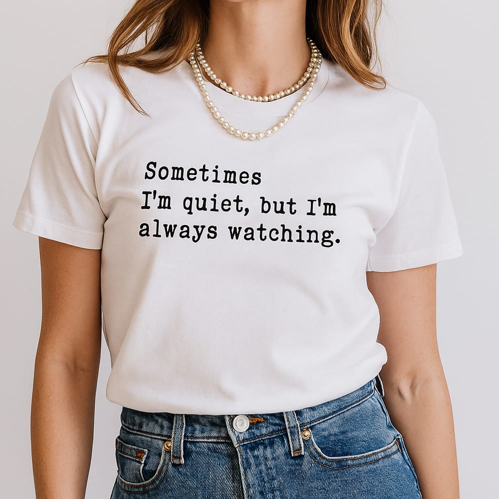 Camiseta blanca “Always Watching” – Estampada a mano con mensaje