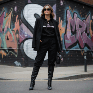 Sudadera negra LINE V.I.P. con diseño minimalista y bandas exclusivas. Prenda premium personalizada hecha a mano en Barcelona.